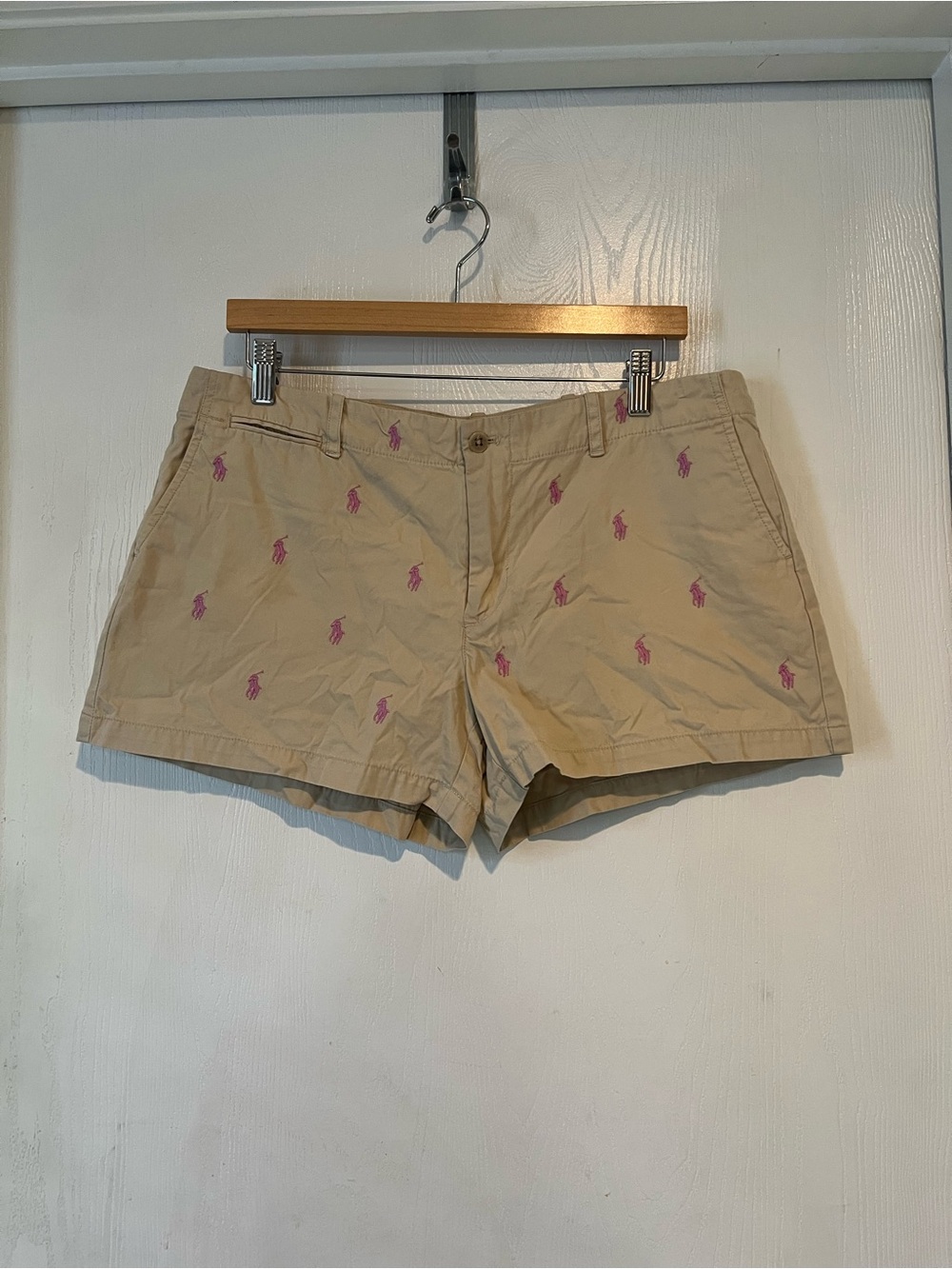 Ralph Lauren Sport Shorts Tan Pink Embroidered Polo All Over Logo Women Sz 12